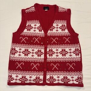 VTG Holiday Christmas Sweater Vest XL Red White Candy Cane Ugly Xmas Snowflake